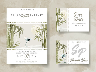 wedding invitation card set with hand drawn bamboo illustration green