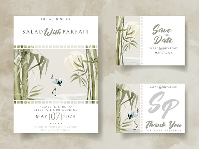 wedding invitation card set with hand drawn bamboo illustration