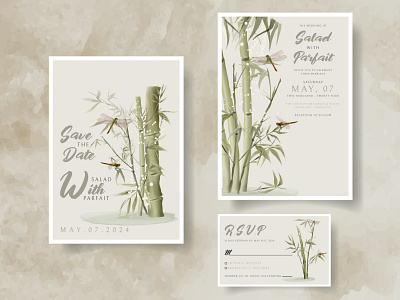 wedding invitation card set with hand drawn bamboo illustrati green