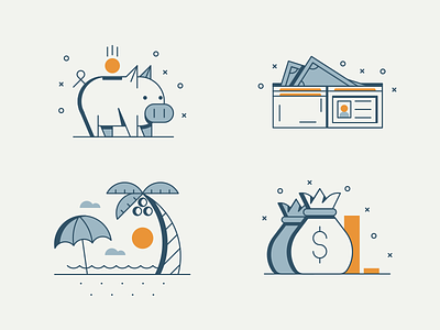 Retirement and Savings Icons bag bank beach icons money piggy retirement savings umbrella wallet