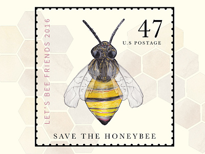 Save the Honeybee Postage Stamp Design design honeybee honeycomb illustration insect mail nature pollination postage postmark stamp watercolor