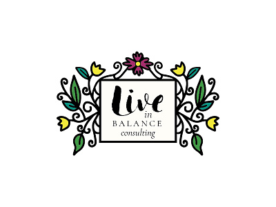 Live in Balance Logo art branding coaching consulting elegant floral flourish iron line logo spring wrought