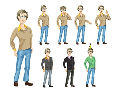 GiftBooking_Dude animation character glasses idea male party poses suit thinking young