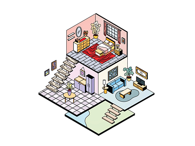 isometric illustration bedroom home illustration isometric isometric art isometric illustration kitchen living procreate stairs