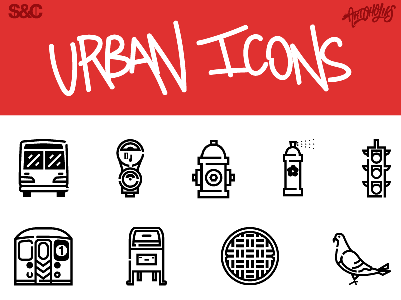 Urbanicons Final 60 traffic light parking meter subway mailbox manhole spray can fire hydrant pigeon bus free icons urban