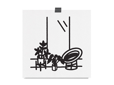 Still Life 01 black chair illustration mcm midcentury midcenturymodern monoline paper plant stand plants print rubber plant still life window