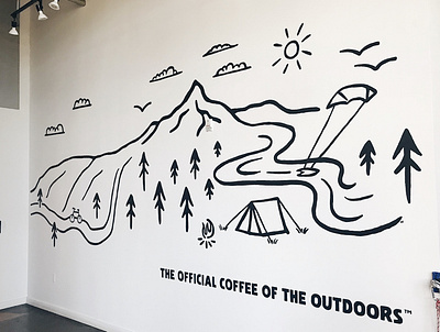 STOKED Mural black campfire coffee coffee shop illustration mural nature outdoors paint simple stoked stoked roasters tent trees wall wall art