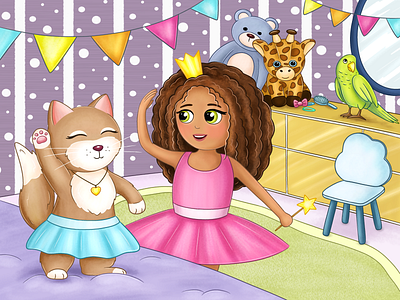 Morning dance book cat character children dance design girl illustration illustrator morning parrot photoshop