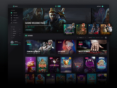 Gamer place - Casino bet betting carrousel casino categories character dark interface filters gambling gamer gamification gaming interface lateral menu layout play provider tiles ui ux