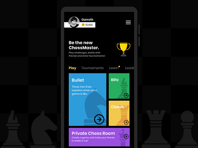 Play Chess - Dark UI - 1 app app design chess chessboard dark mode dark ui learn tournaments ui