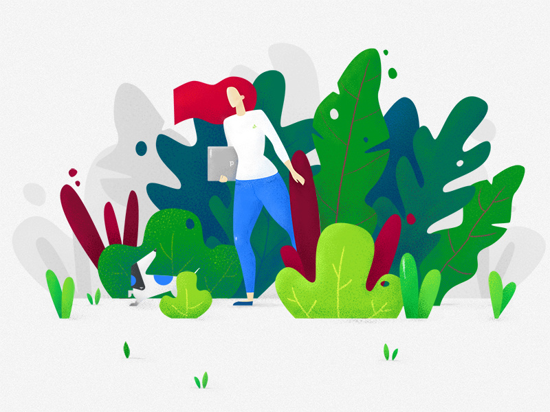 Looking for a job job minimalism texture dog girl tropical leaves herb design flat illustration