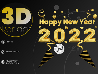 Black and gold happy new year 2022 lettering label 3d render