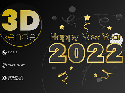 Black and gold happy new year 2022 lettering label 3d render festival template