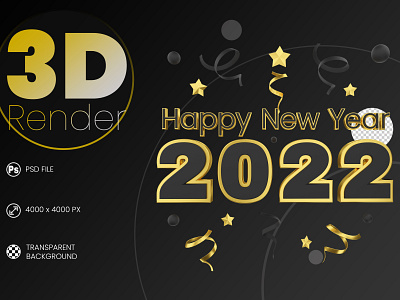 Black and gold happy new year 2022 lettering label 3d render