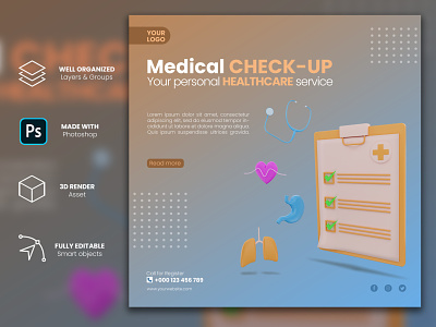 Medical checkup promotion instagram post 3d render template social media templates