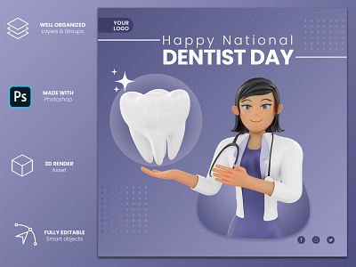 National Dentist Day with female 3d character Instagram post 3d 3d background banner dentist design female illustration instagram post promotion template