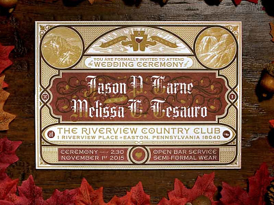 Jason Carne's Wedding Invitations etchings gold illustration invitation letterpress three color triplexed wedding invitation