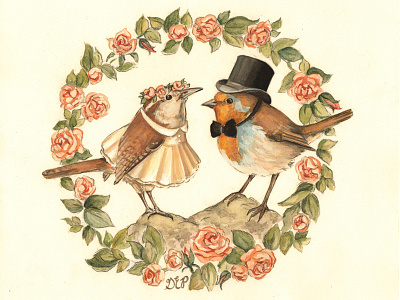The Marriage Of Cock Robin To Jenny Wren birds bride feathers floral groom love mr and mrs roses rustic watercolor wedding woodland