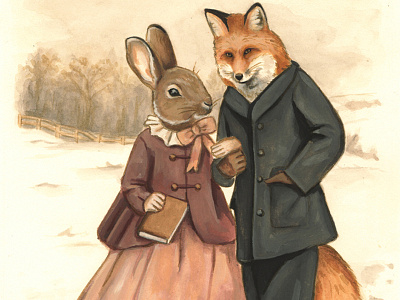 Cold Hands, Warm Hearts animals in clothes anthropomorphic childrens art fox ink mixed media rabbit surreal valentine victorian watercolor woodland