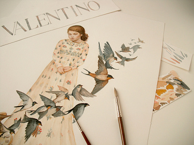 WIP Valentino Fashion Illustration (process shot) art birds colored pencils design gouache illustration pastel process surreal watercolor winter wip