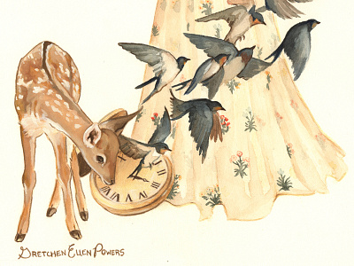 Time Flies (detail #2) animals birds clock deer nature rustic surreal vintage watch watercolor wildlife woodland