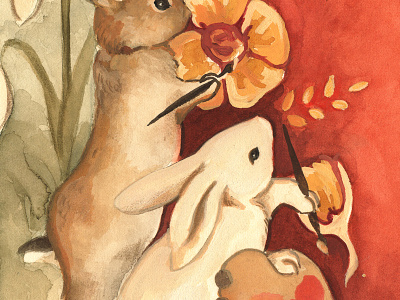 Close-up Detail #3 animals anthropomorphic gouache nature painting rabbits surreal vintage watercolor wildlife woodland