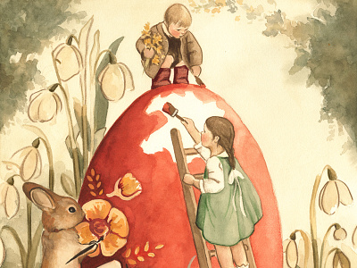Coloring Eggs Together children cute fairy tale floral gouache mixed media nature spring storybook surreal watercolor