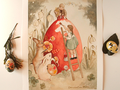 Original Painting: Coloring Eggs Together art bunnies bunny children cute fairy tale illustration picture book rabbits storybook watercolor wildlife