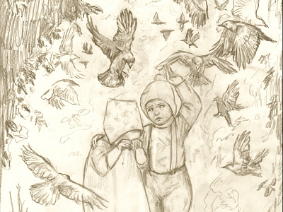 (Sketch) Hansel & Gretel: Breadcrumbs birds children classic drawing fairytale graphite pencil sketch sketchbook storybook wip woodland