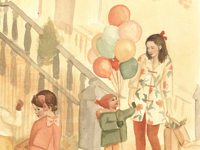 Snippet: The Neighborhood (Mother & Child with Balloons) art balloons birthday character design children color gouache kids new york city painting picture book watercolor