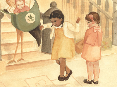 Snippet: The Neighborhood (Hopscotch Girl & Shy Girl) art character design childrens art cute friends fun girl illustration picture book playing street watercolor