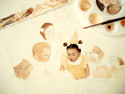 The Beginnings of a Birthday Scene art book children cute friends friendship kids painting picture book watercolor wip