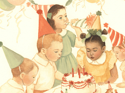 Birthday Party close-up #3 (friends) children cute friends gouache illustration kids mixed media party picture book story watercolor whimsical