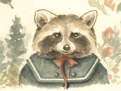 Making A New Friend animals art cute illustration ink kids raccoon sketch watercolor whimsical wildlife woodland