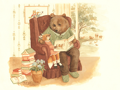 GRANDPA BEAR'S CHAIR & EMMELINE WINES animals bear books character design cute design fox gouache illustration painting watercolor wine