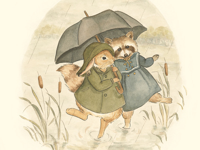 Rainy Day Companions anthropomorphic cute friends illustration ink inktober painting picture book rabbit raccoon rain watercolor