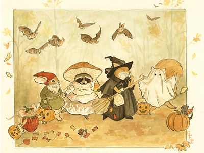 The Woodland Halloween Troupe bats candy childrens art costumes fun ghost halloween happy halloween inktober kids painting watercolor