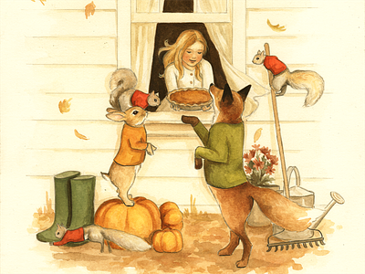Thankful For Friendly Windows And Pumpkin Pie animals autumn fall friends happy thanksgiving illustration november pie pumpkins thanksgiving watercolor woodland