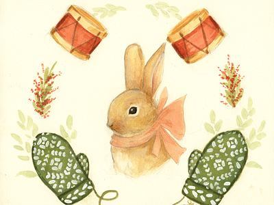 Bunny Mitten animals christmas cute floral illustration kids nature painting watercolor wildlife winter woodland
