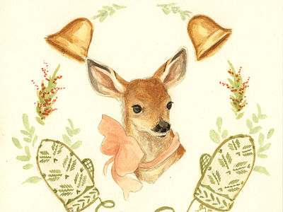 Deer Mitten art bells cute deer floral illustration kids mixed media painting watercolor winter woodland
