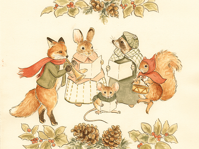 The Caroling Troupe animals christmas cute fox illustration mouse rabbit storybook watercolor whimsy winter woodland