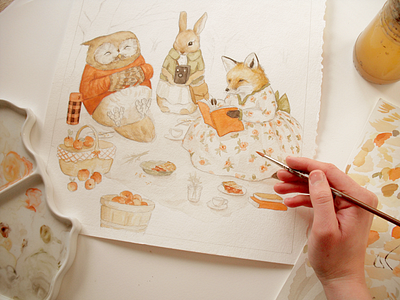 The beginnings of things animals bunny cute fox nature owl paint process storybook surreal watercolor wip