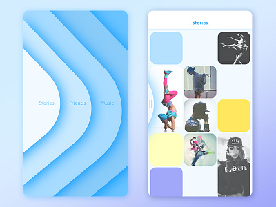 dance network application blue cards concept dance feed grid menu side menu swipe ui waves