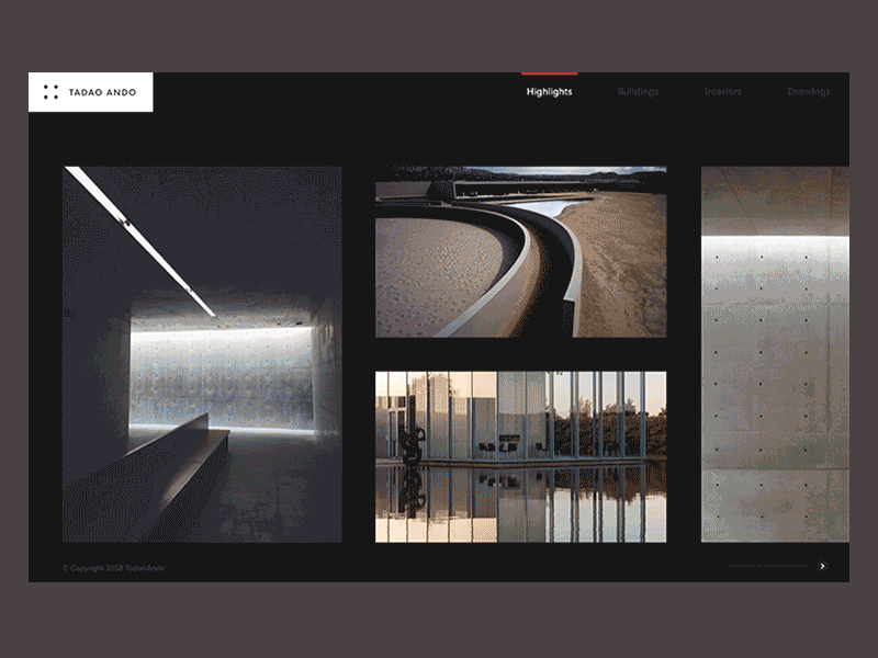 Tadao Ando website concept animation architecture desktop horizontal grid layout horizontal scroll interaction minimalism motion ui ux web website concept