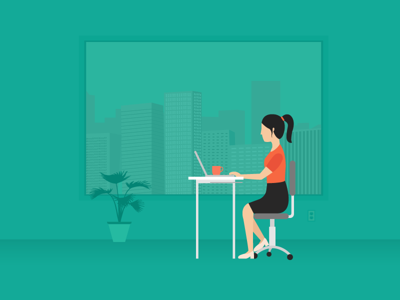 Work work work woman business buildings illustration city skyline desk everyday work girl job