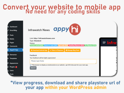 WordPress plugin: AppyHi - Convert website into a mobile app. app convert mobile playstore website