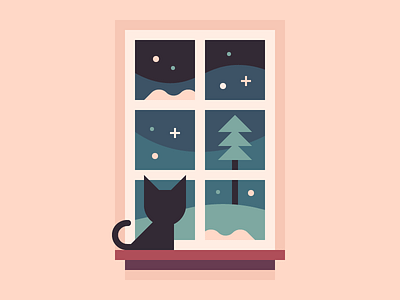 Watching Winter cat illustration print window winter