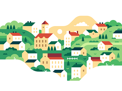 Hillside Town illustration landscape print town village