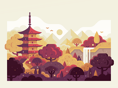 Japan forest illustration japan landscape pagoda sunrise temple trees waterfall