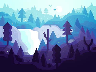 Magic Forest (v3) cliff forest illustration landscape magic sunrise waterfall woods